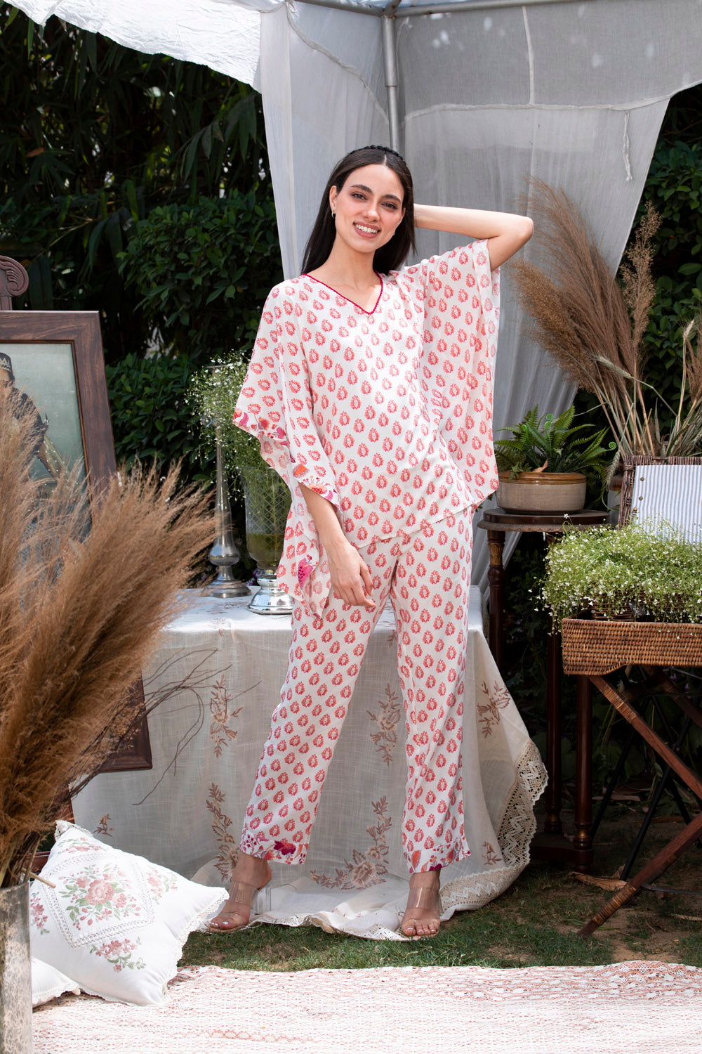 Buy Dusk Attire Pink Silver Lurex Stripe Kaftan style Shorts Set