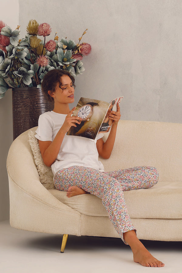 White Tee With Pink Floral Pyjama
