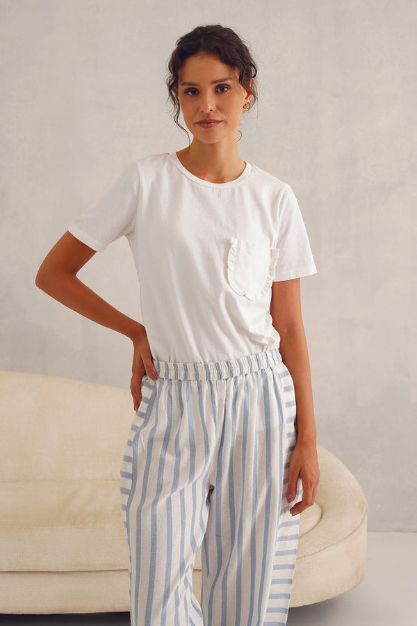 White Tee with Blue Lurex Stripe Pyjama