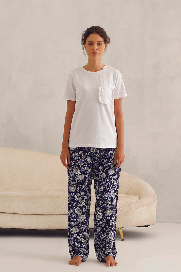 White Tee with Blue Floral Pyjama