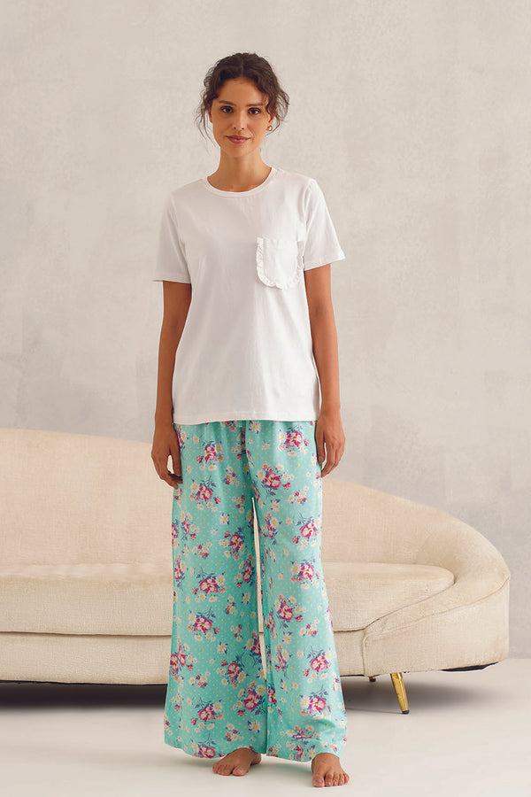 White Tee Green Floral Print Pyjama