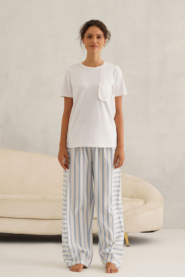 White Tee with Blue Lurex Stripe Pyjama